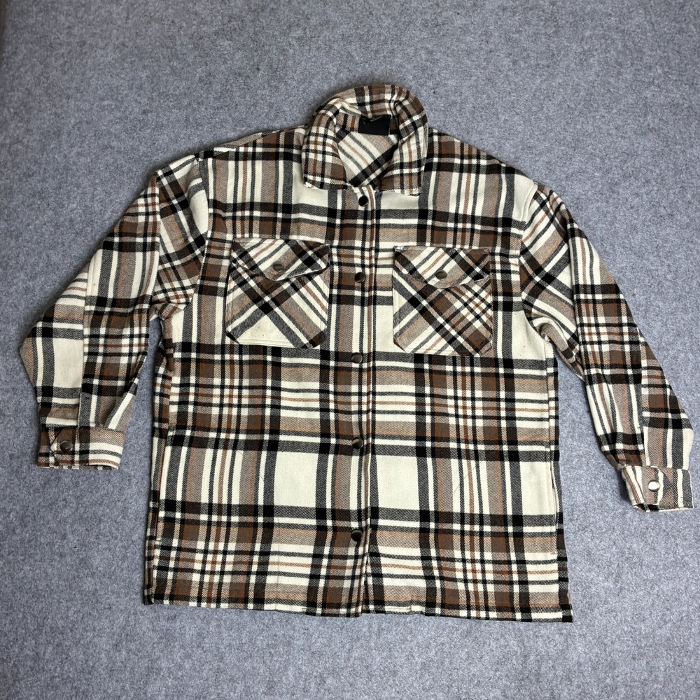 HFX Men's Small Overshirt Plaid Flannel Shirt Jacket Brown Cream Shacket